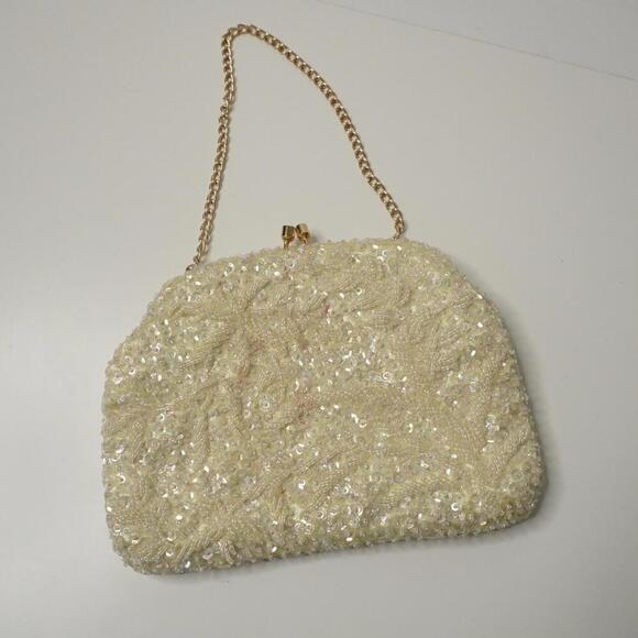 VTG Ivory Beaded Evening Bag Clutch Hand Made Vintage Bridal Glamor Retro Gold - Picture 2 of 9